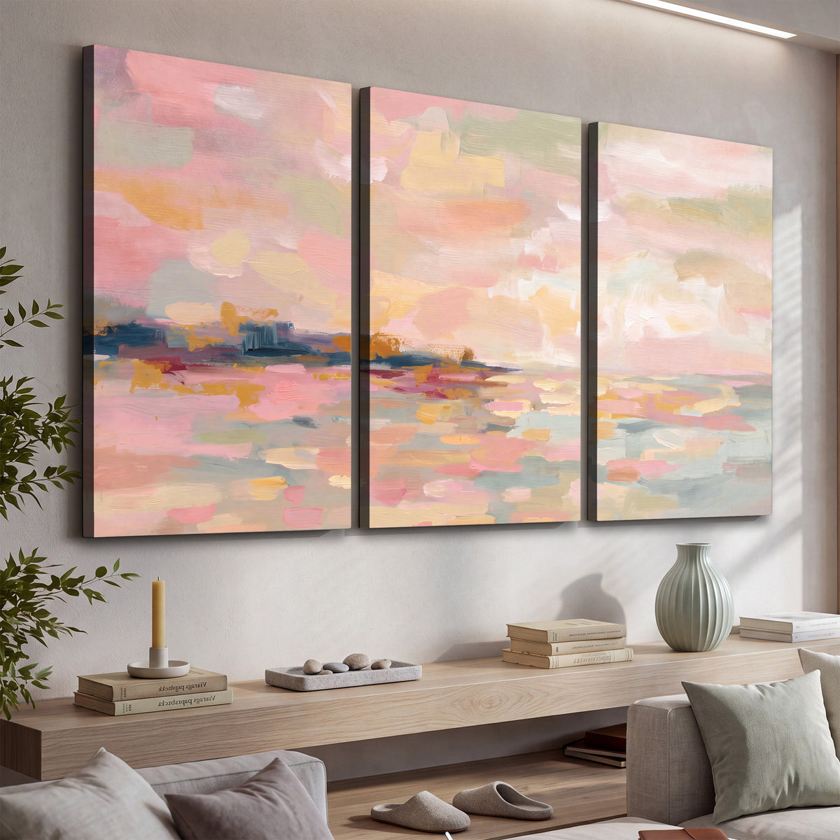 Pink, peach and yellow painted-style sky and water reflections 3 piece canvas wall art displayed in a console