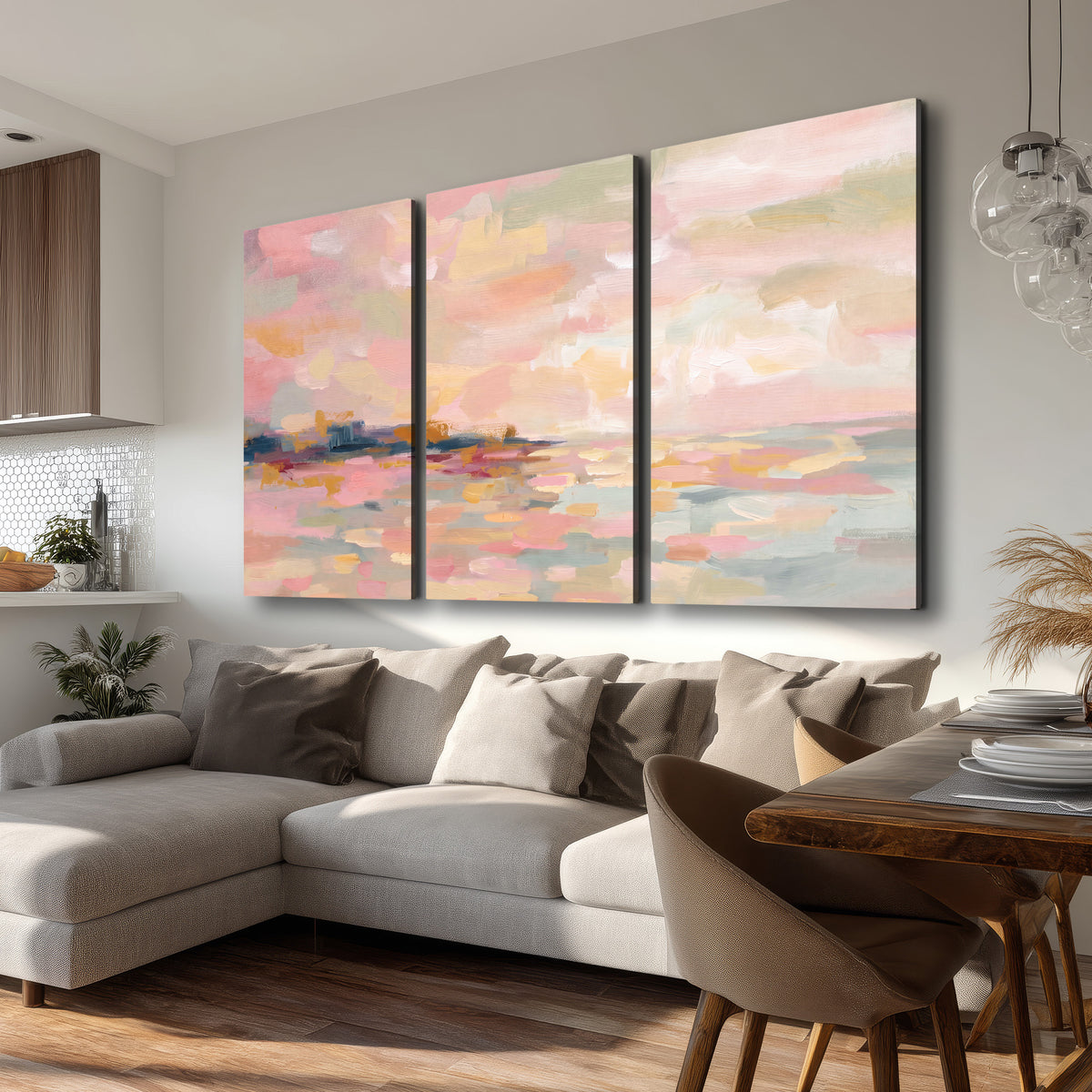 Pink, peach and yellow painted-style sky and water reflections 3 piece canvas wall art room and product view