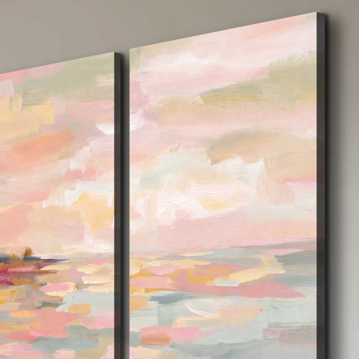 Pink, peach and yellow painted-style sky and water reflections 3 piece canvas wall art room and product view