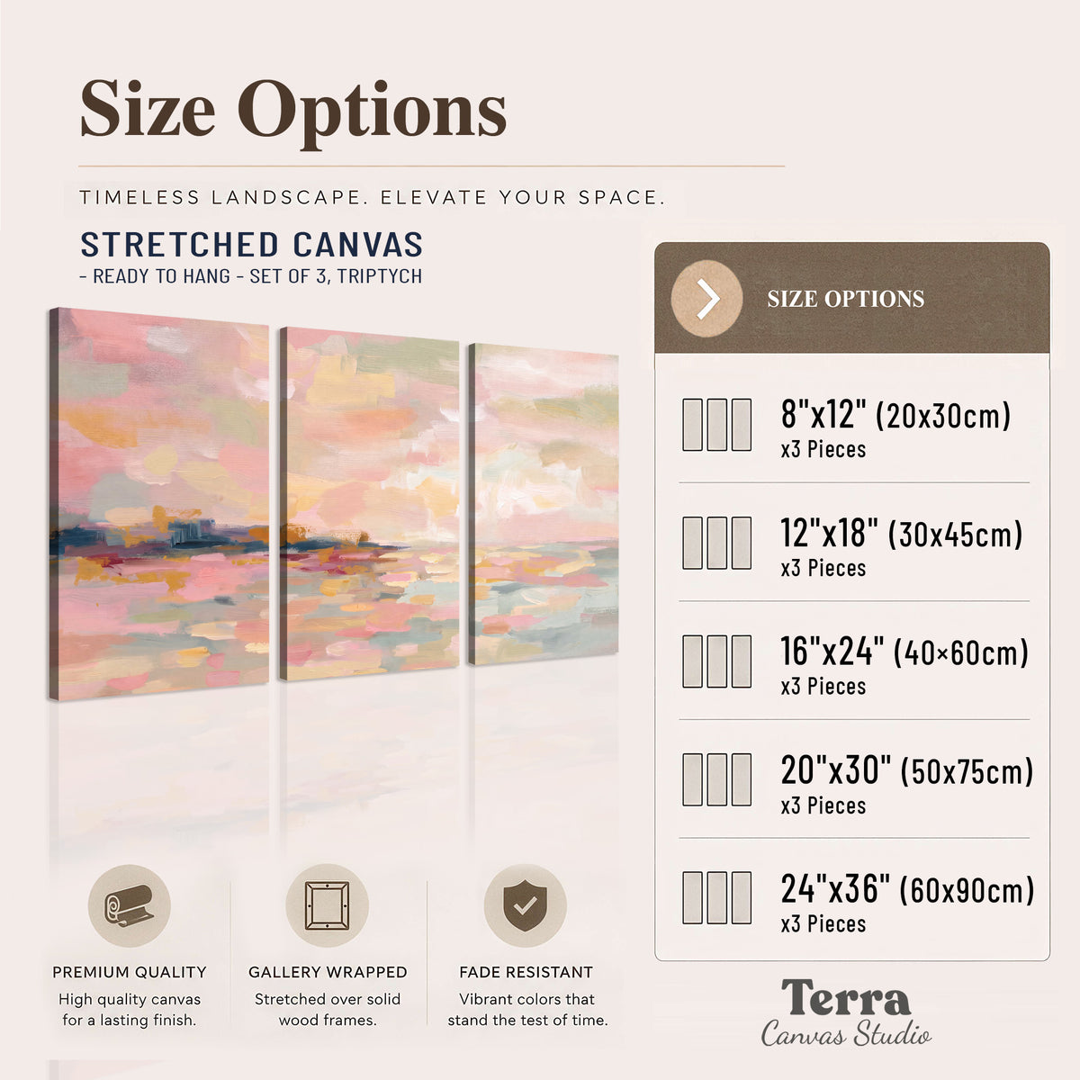 Pink, peach and yellow painted-style sky and water reflections 3 piece canvas wall art available dimensions; triptych dimensions are per panel