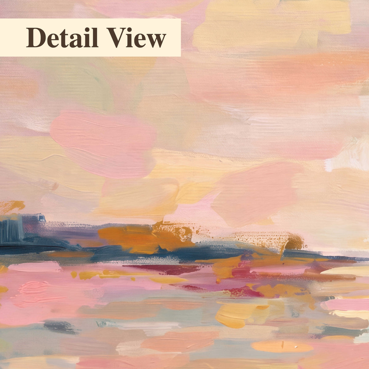 Pink, peach and yellow painted-style sky and water reflections 3 piece canvas wall art artwork detail close up