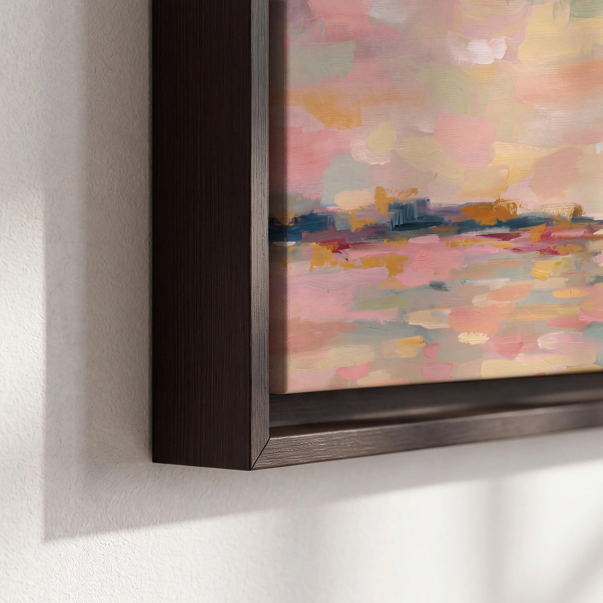 Pink, peach and yellow painted-style sky and water reflections 3 piece framed canvas wall art material and edge close up