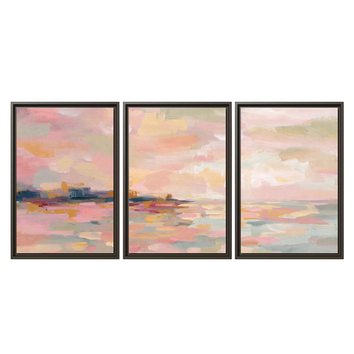 Pink, peach and yellow painted-style sky and water reflections 3 piece framed canvas wall art viewed straight on