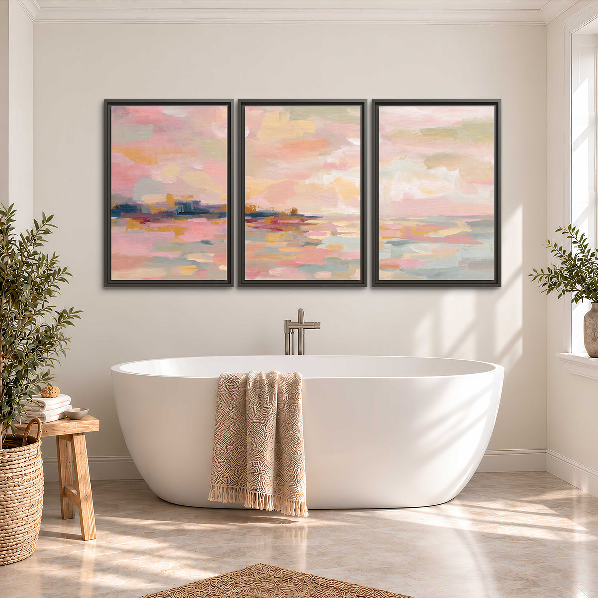 Pink, peach and yellow painted-style sky and water reflections 3 piece framed canvas wall art styled in an interior