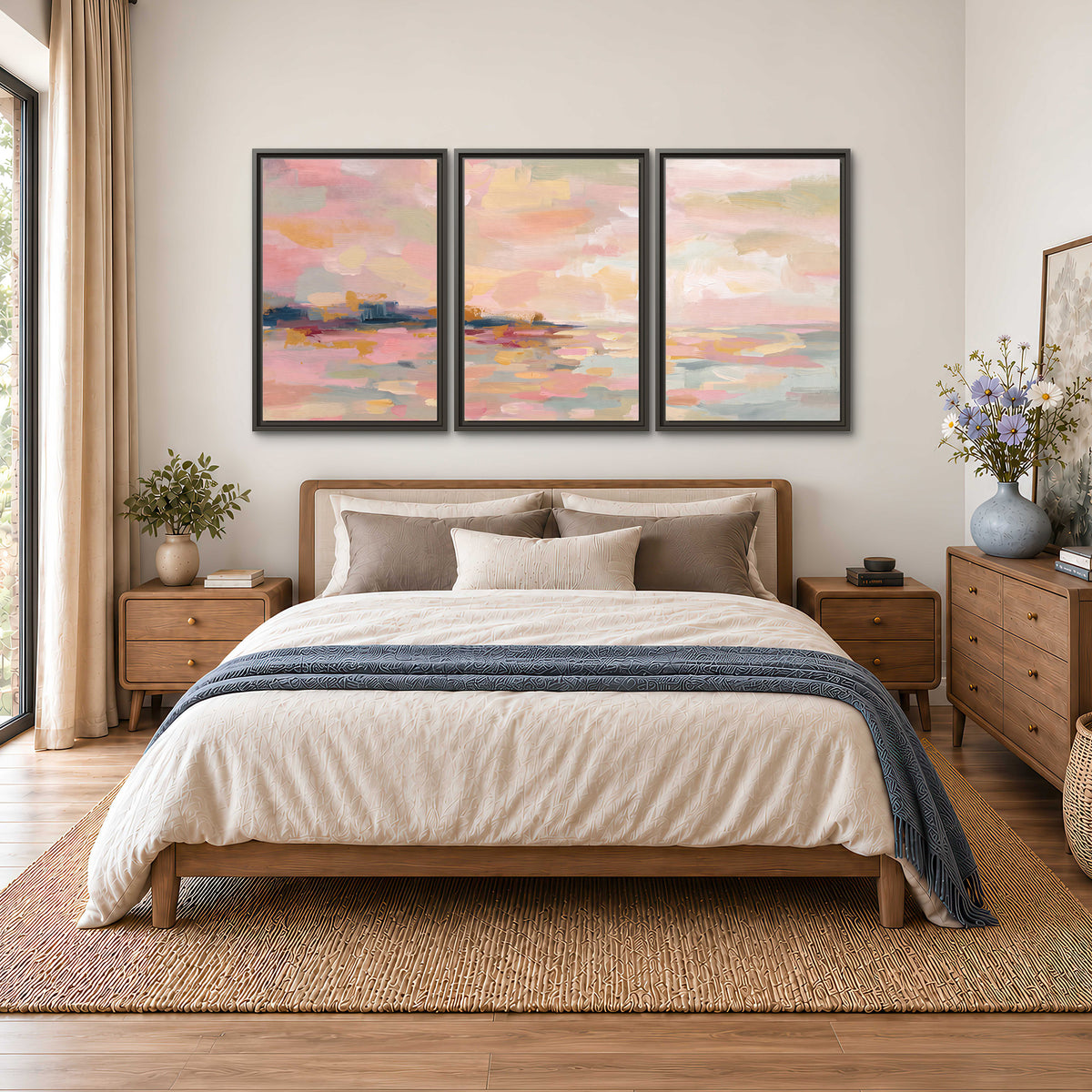 Pink, peach and yellow painted-style sky and water reflections 3 piece framed canvas wall art styled in an interior