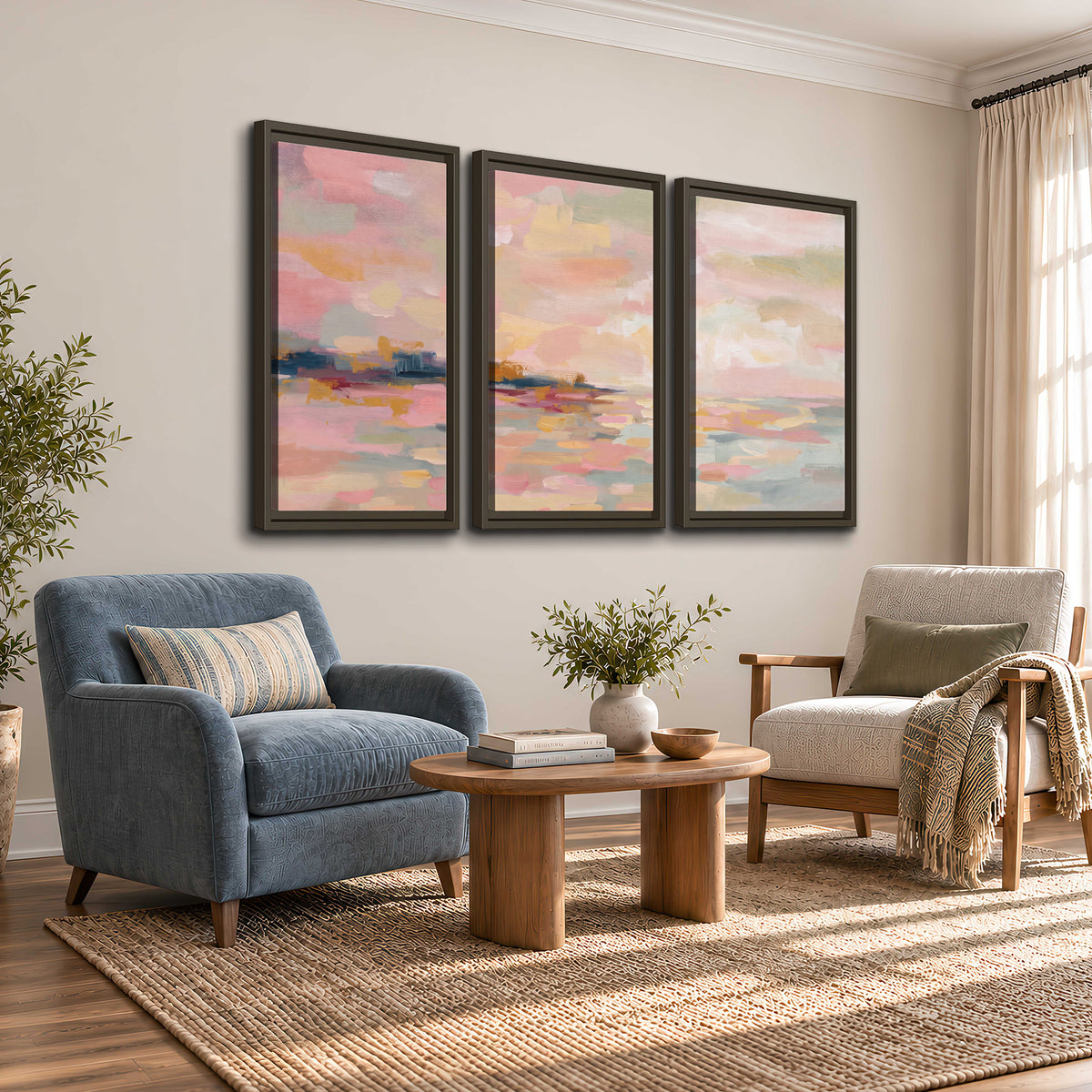 Pink, peach and yellow painted-style sky and water reflections 3 piece framed canvas wall art styled in an interior