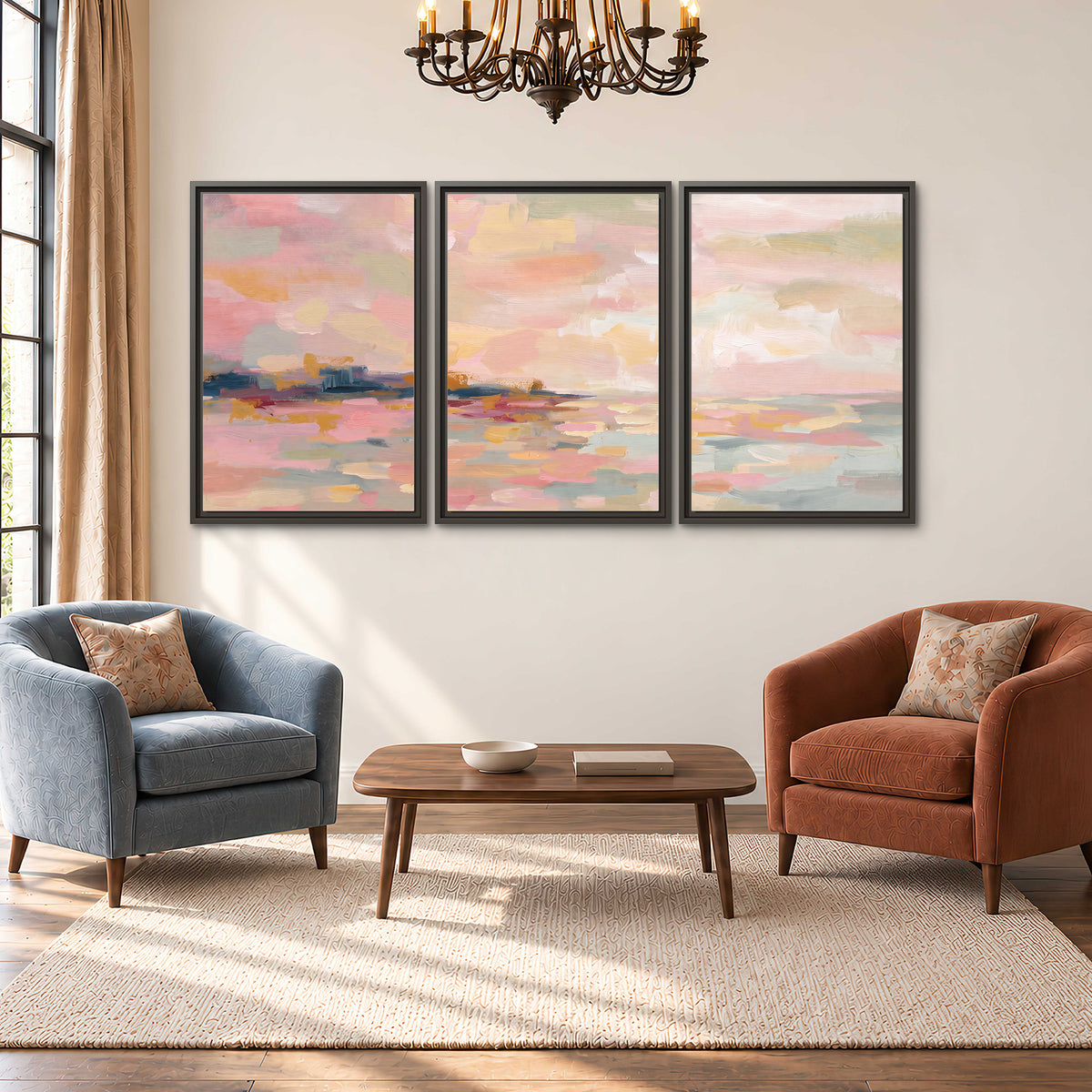 Pink, peach and yellow painted-style sky and water reflections 3 piece framed canvas wall art styled in an interior