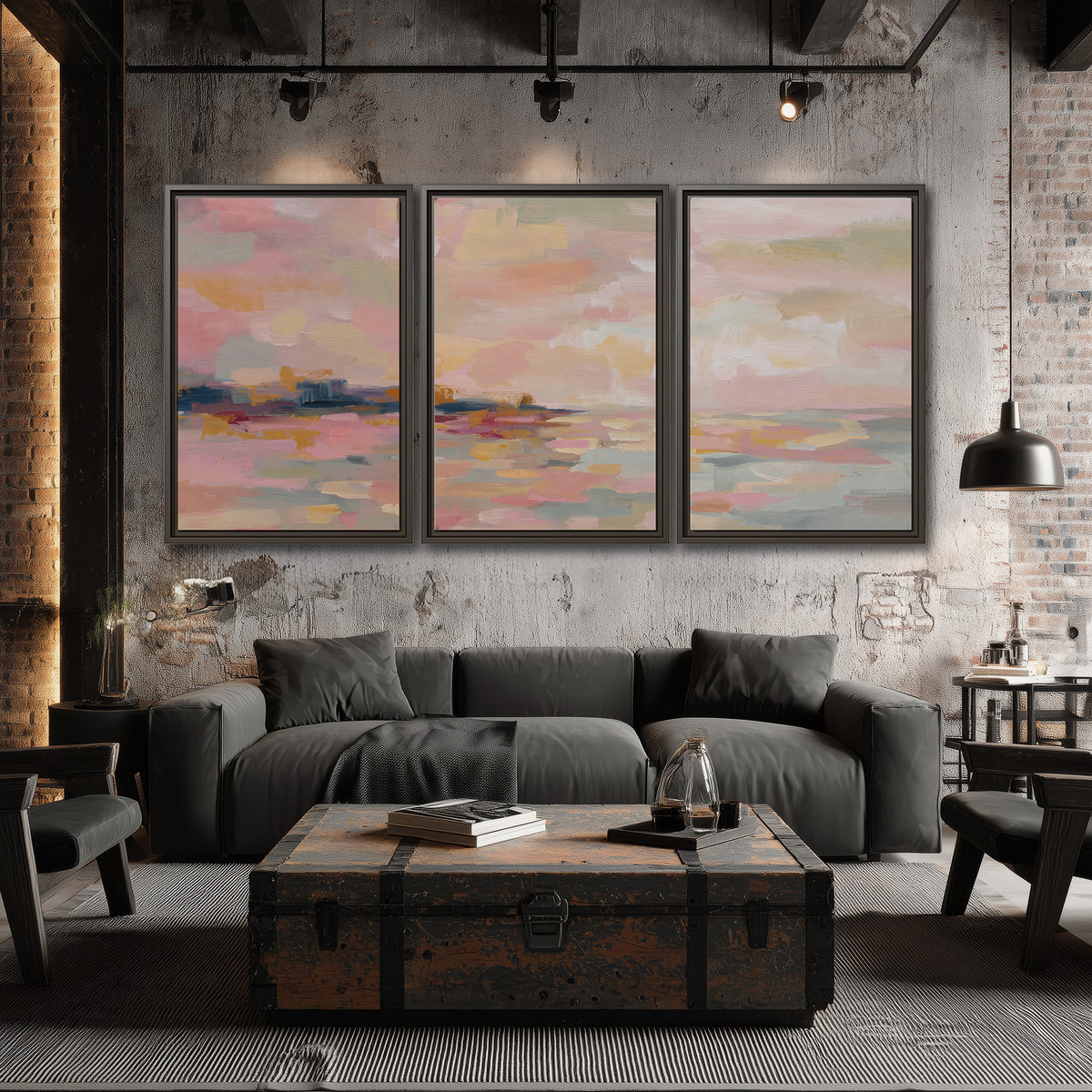 Pink, peach and yellow painted-style sky and water reflections 3 piece framed canvas wall art displayed in a industrial room
