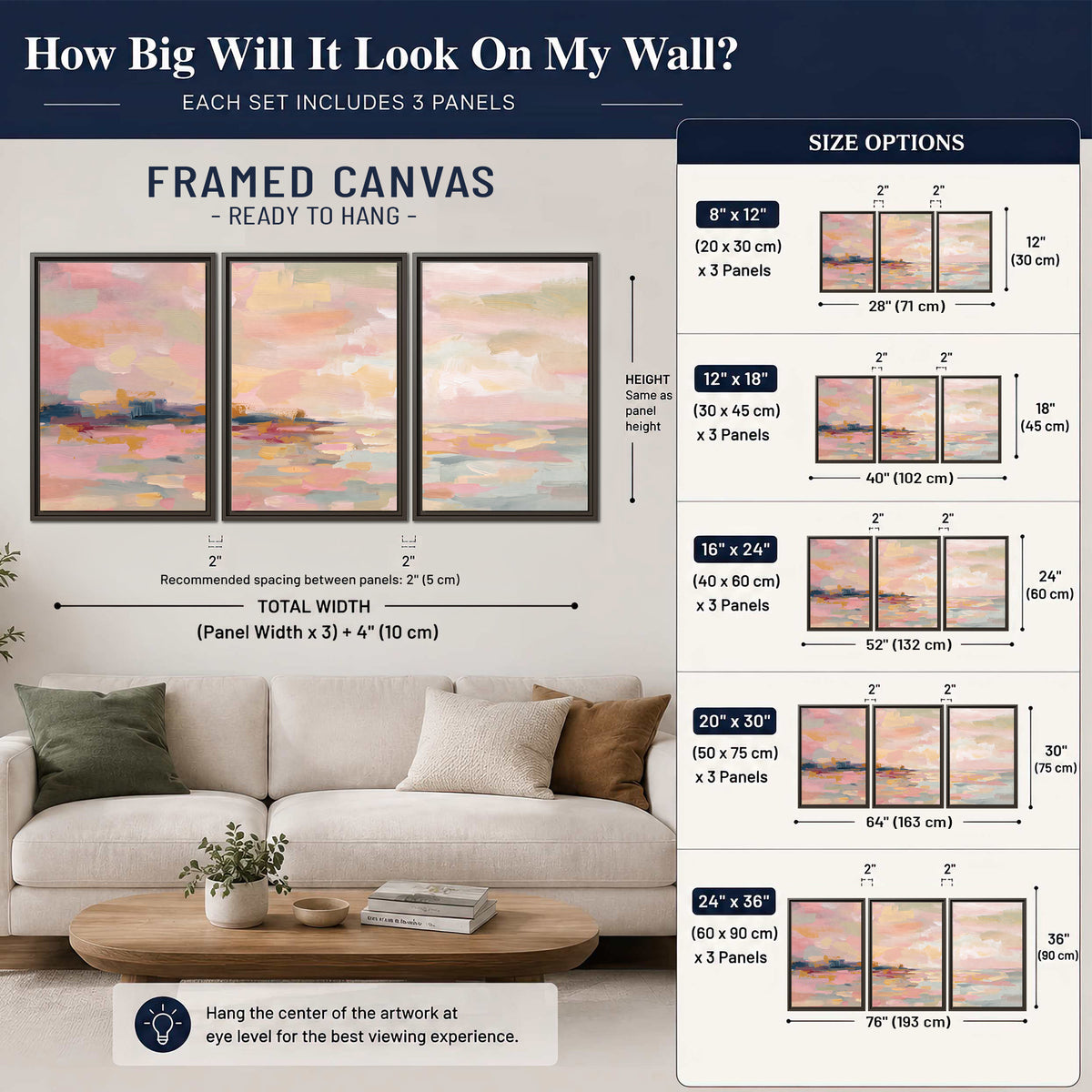 Pink, peach and yellow painted-style sky and water reflections 3 piece framed canvas wall art size guide above a sofa; room view is illustrative