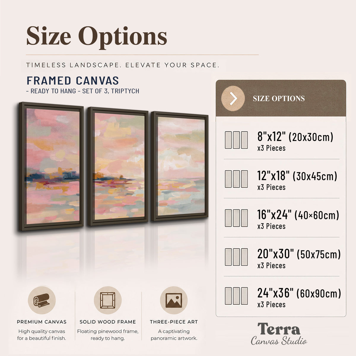 Pink, peach and yellow painted-style sky and water reflections 3 piece framed canvas wall art available dimensions; triptych dimensions are per panel