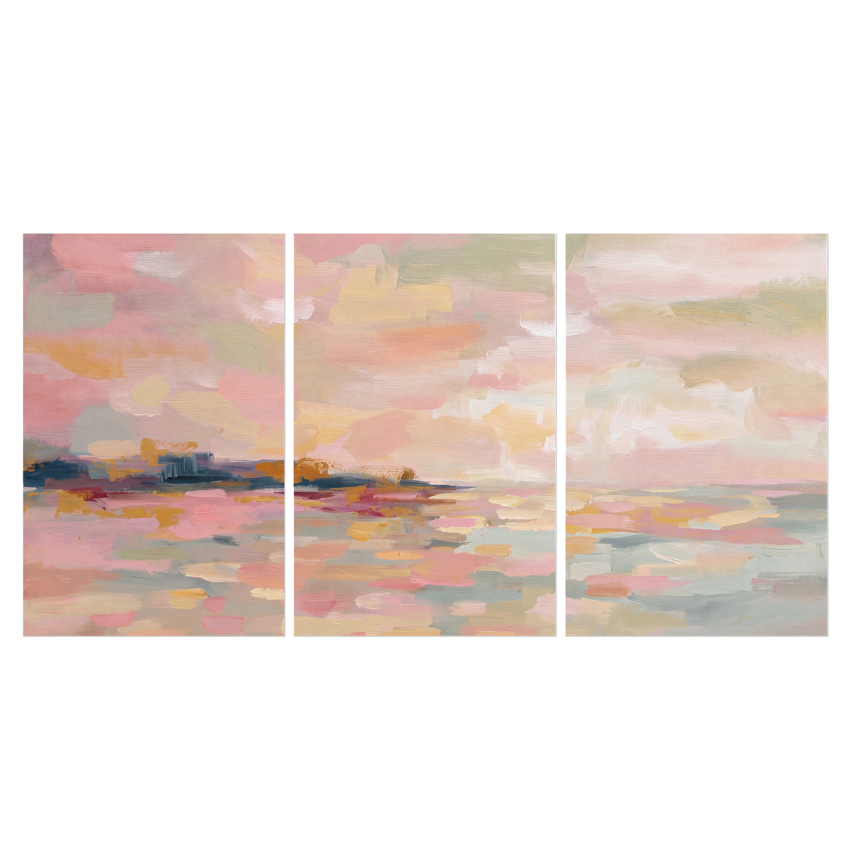 Pink, peach and yellow painted-style sky and water reflections set of 3 poster prints viewed straight on