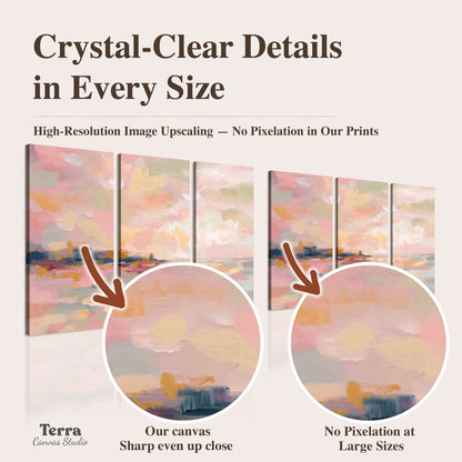 Pink, peach and yellow painted-style sky and water reflections artwork quality information