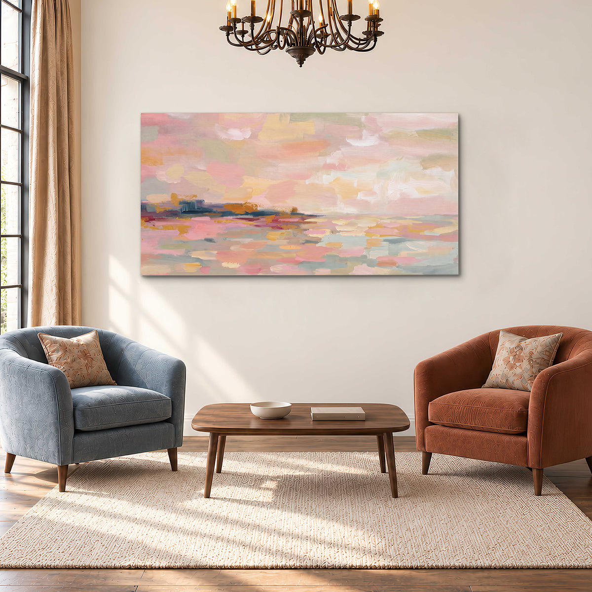 Pink, peach and yellow painted-style sky and water reflections single canvas wall art styled in an interior
