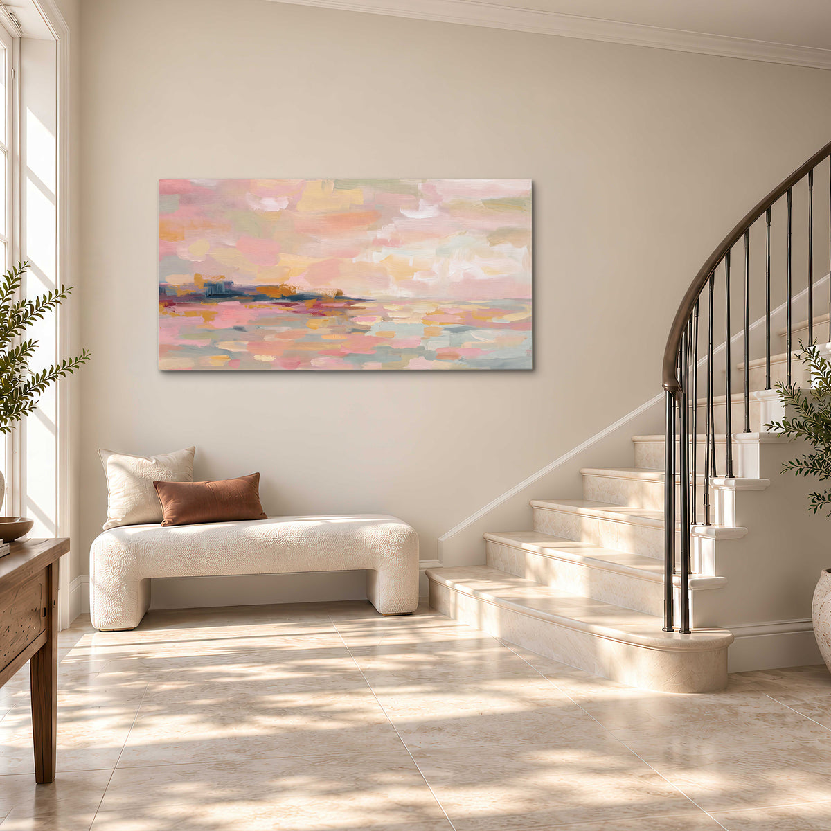 Pink, peach and yellow painted-style sky and water reflections single canvas wall art styled in an interior