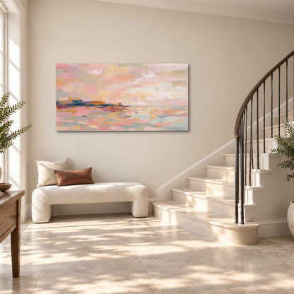 Pink, peach and yellow painted-style sky and water reflections single canvas wall art styled in an interior