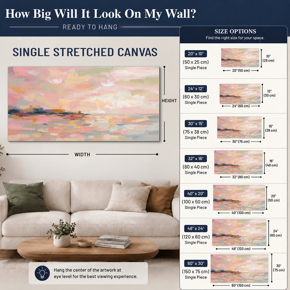 Pink, peach and yellow painted-style sky and water reflections single canvas wall art size guide above a sofa; room view is illustrative