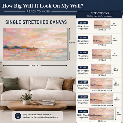 Pink, peach and yellow painted-style sky and water reflections single canvas wall art size guide above a sofa; room view is illustrative