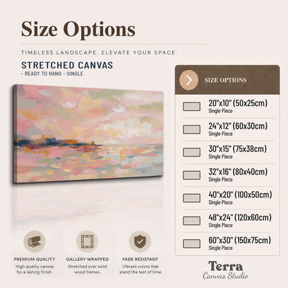 Pink, peach and yellow painted-style sky and water reflections single canvas wall art available dimensions