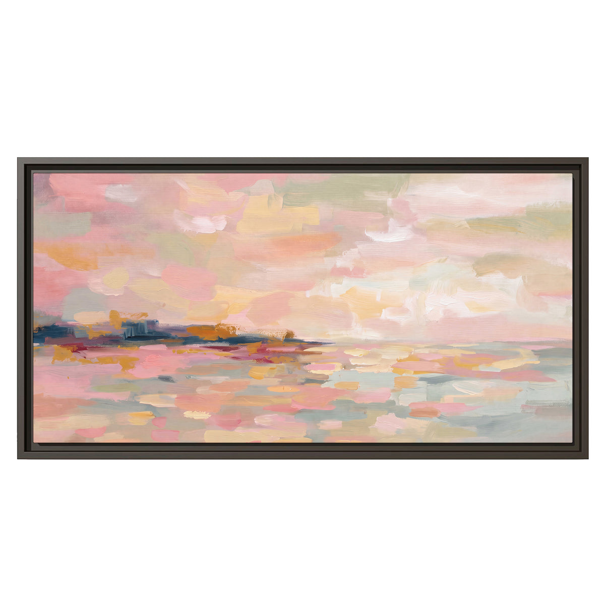 Pink, peach and yellow painted-style sky and water reflections single framed canvas wall art viewed straight on
