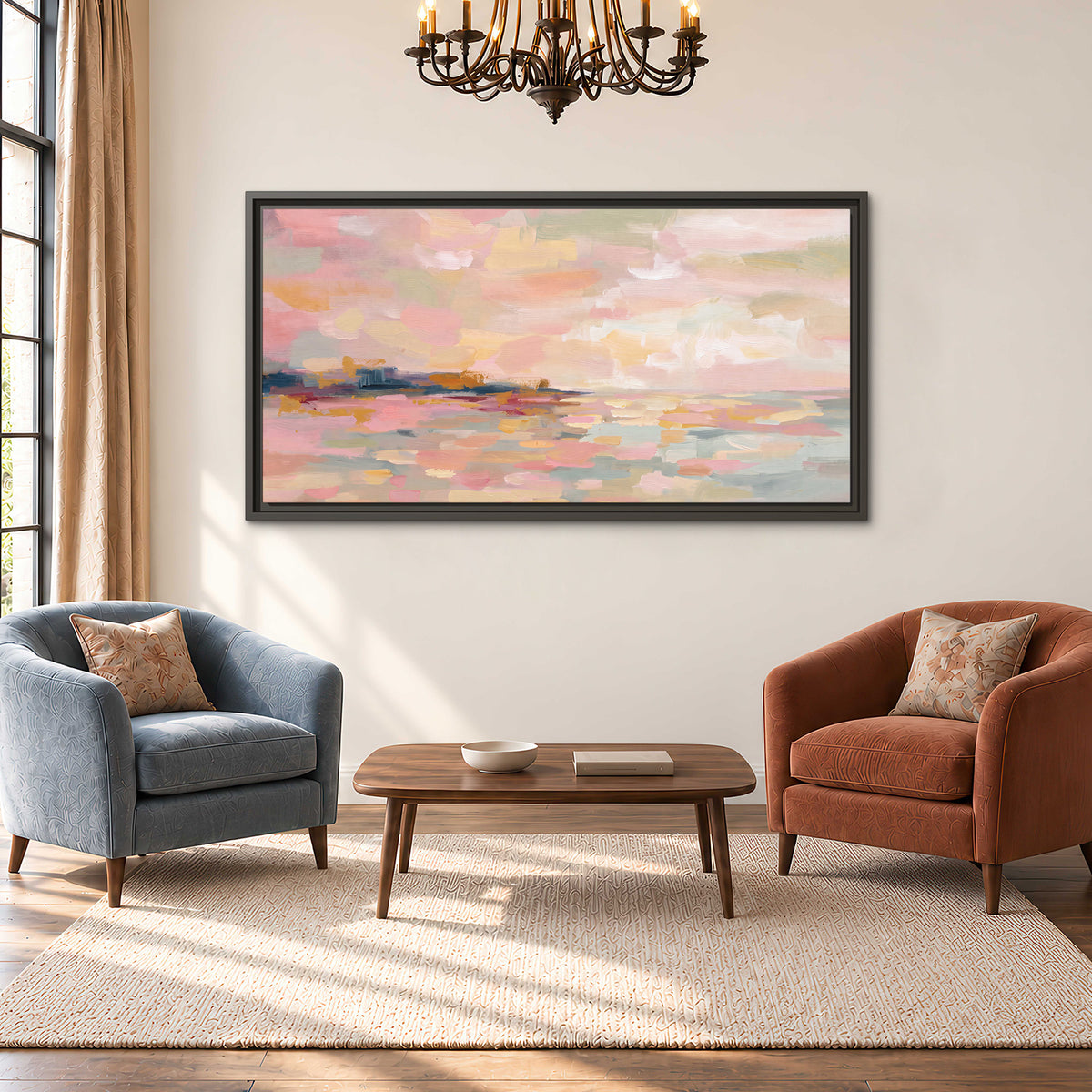 Pink, peach and yellow painted-style sky and water reflections single framed canvas wall art styled in an interior