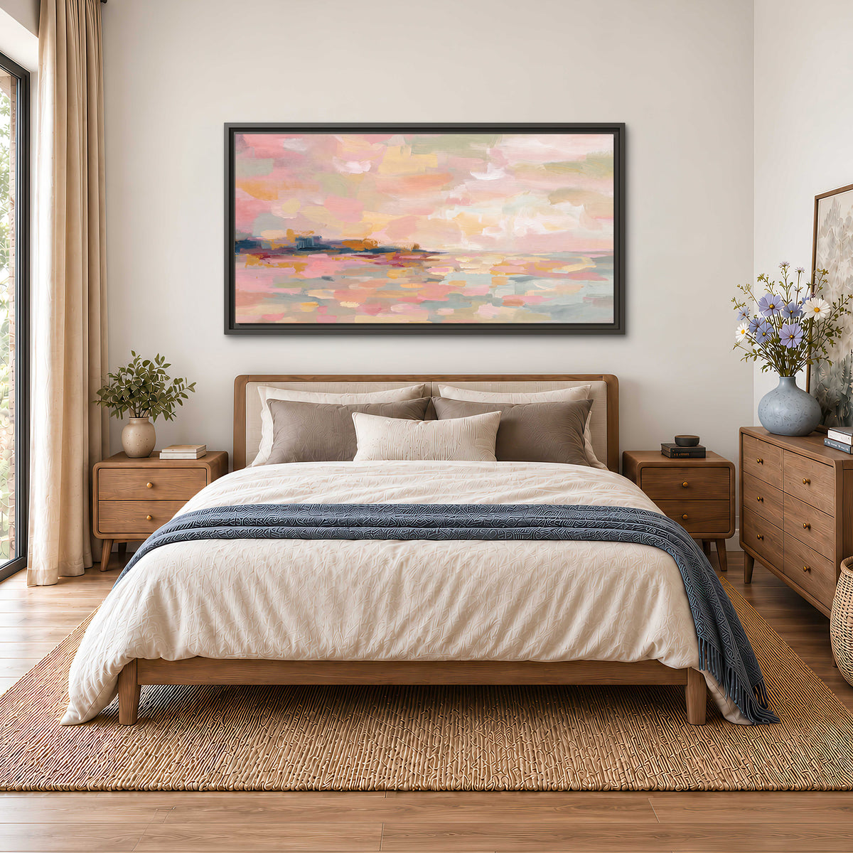 Pink, peach and yellow painted-style sky and water reflections single framed canvas wall art styled in an interior
