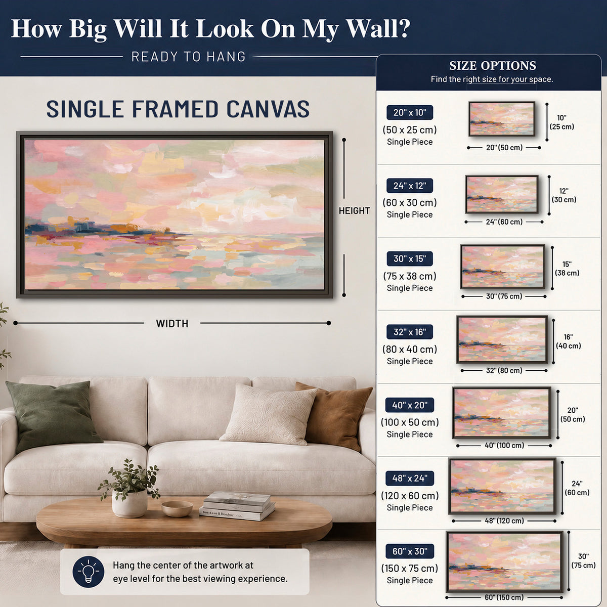 Pink, peach and yellow painted-style sky and water reflections single framed canvas wall art size guide above a sofa; room view is illustrative
