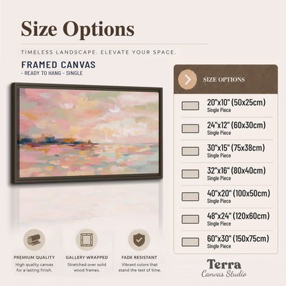 Pink, peach and yellow painted-style sky and water reflections single framed canvas wall art available dimensions