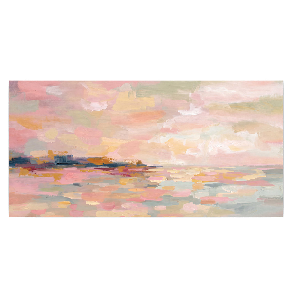 Pink, peach and yellow painted-style sky and water reflections single poster print viewed straight on