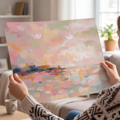Pink, peach and yellow painted-style sky and water reflections single poster print held in hands