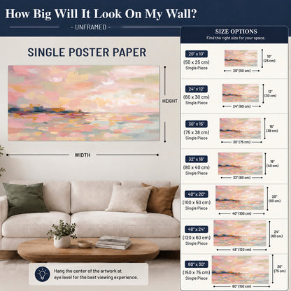 Pink, peach and yellow painted-style sky and water reflections single poster print size guide above a sofa; room view is illustrative