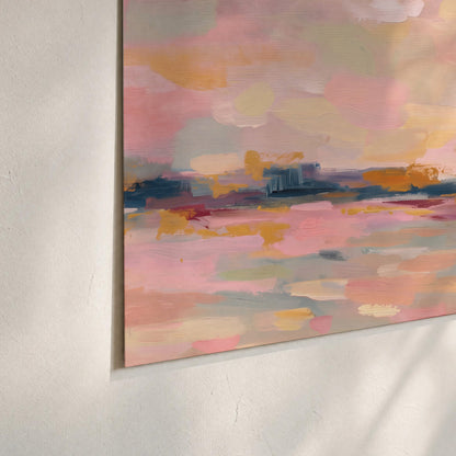 Pink, peach and yellow painted-style sky and water reflections set of 3 poster prints material and edge close up