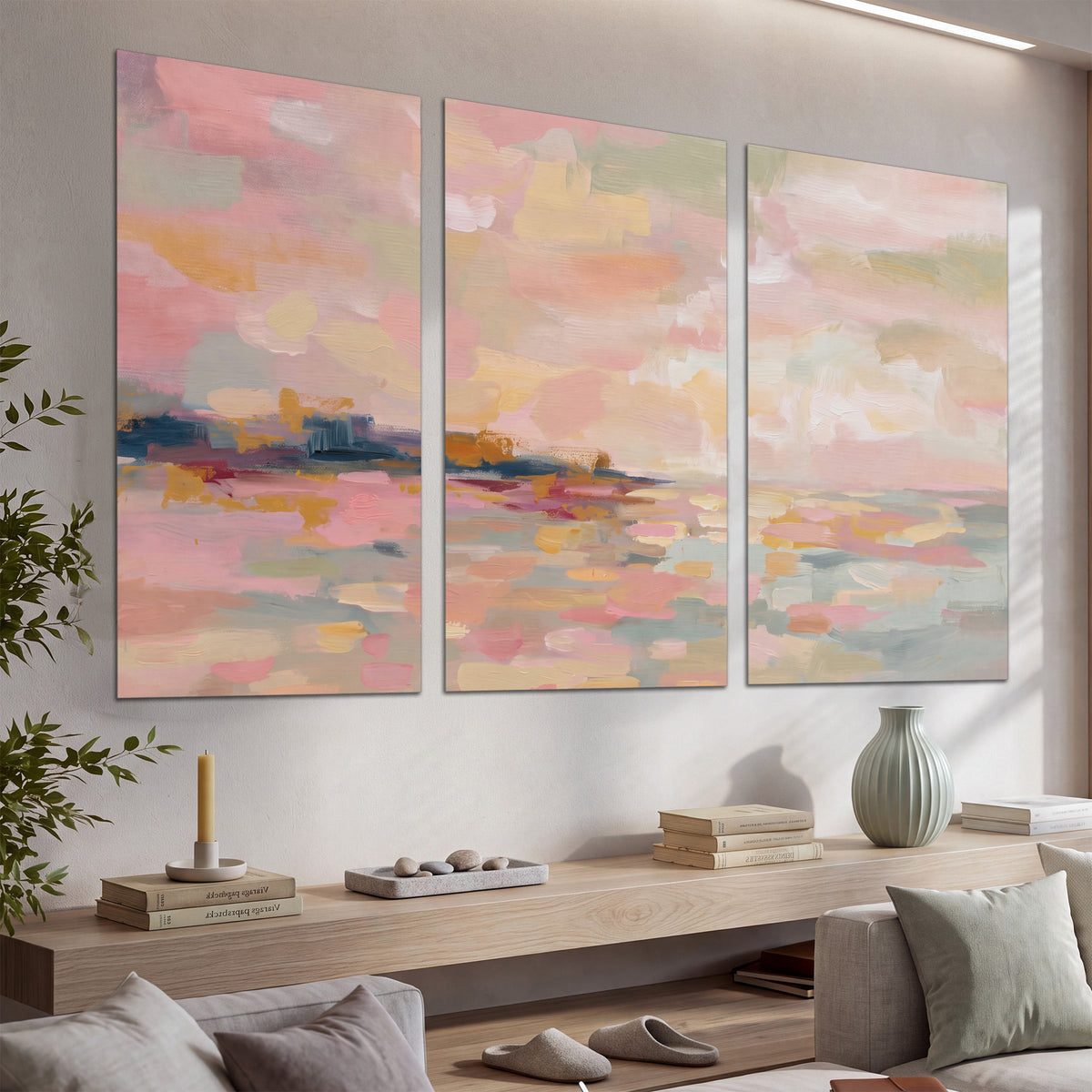 Pink, peach and yellow painted-style sky and water reflections set of 3 poster prints displayed in a console