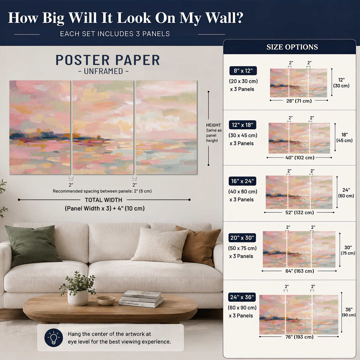 Pink, peach and yellow painted-style sky and water reflections set of 3 poster prints size guide above a sofa; room view is illustrative