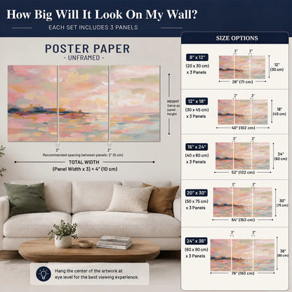 Pink, peach and yellow painted-style sky and water reflections set of 3 poster prints size guide above a sofa; room view is illustrative