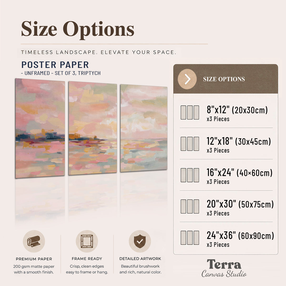 Pink, peach and yellow painted-style sky and water reflections set of 3 poster prints available dimensions; triptych dimensions are per panel