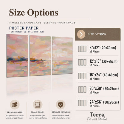 Pink, peach and yellow painted-style sky and water reflections set of 3 poster prints available dimensions; triptych dimensions are per panel