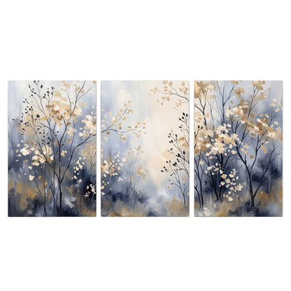 Delicate pale gold-colored branches against a deep blue misty background 3 piece canvas wall art viewed straight on