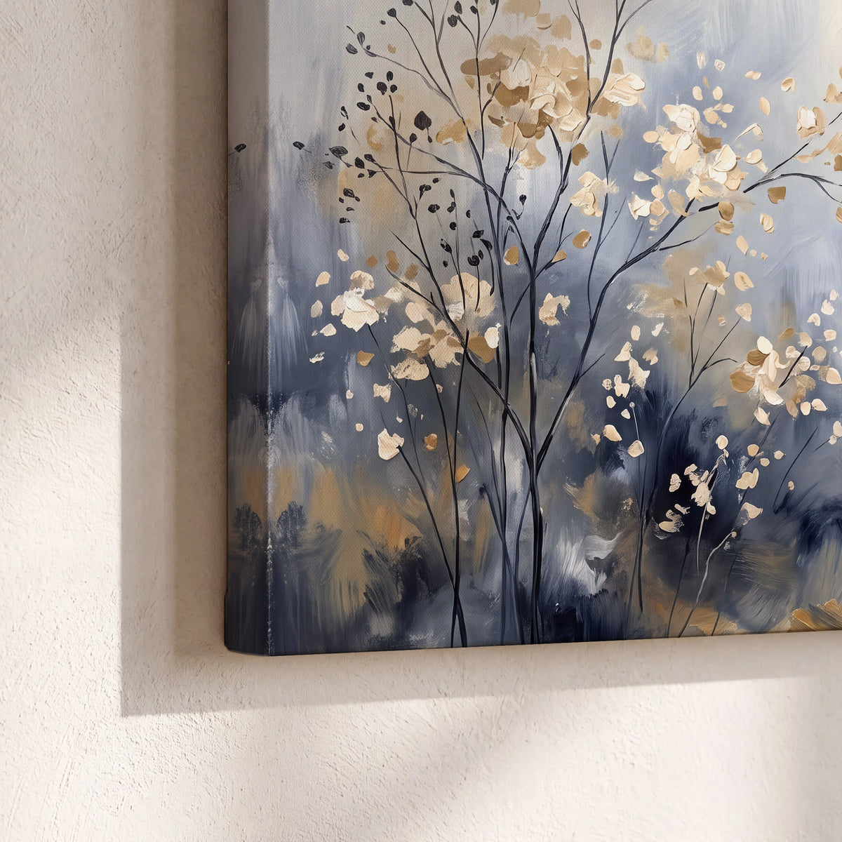 Delicate pale gold-colored branches against a deep blue misty background 3 piece canvas wall art material and edge close up
