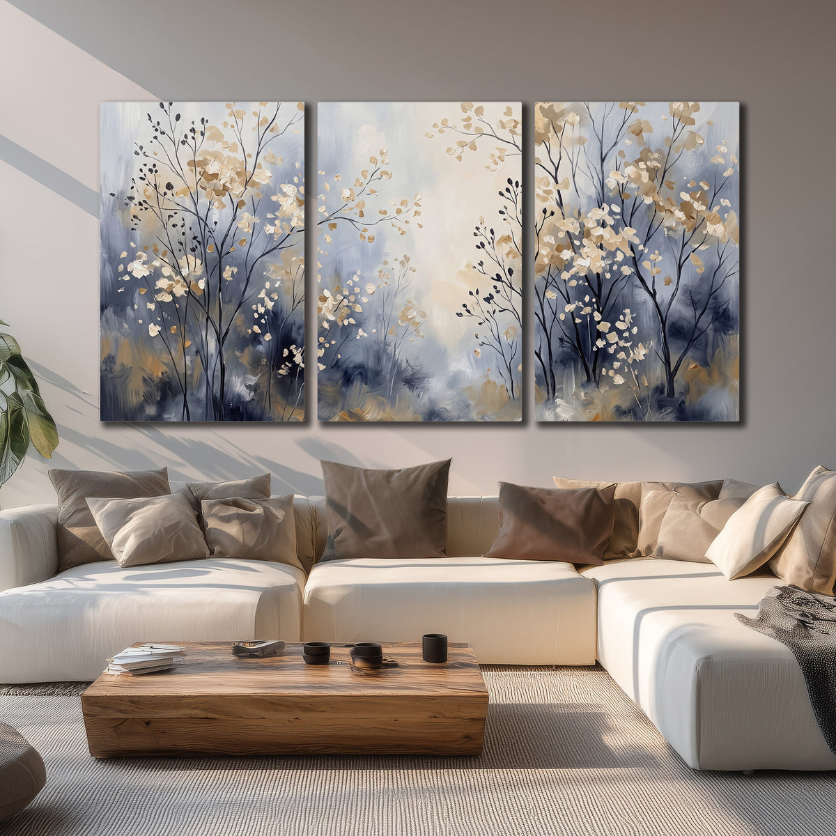 Delicate pale gold-colored branches against a deep blue misty background 3 piece canvas wall art displayed in a living room