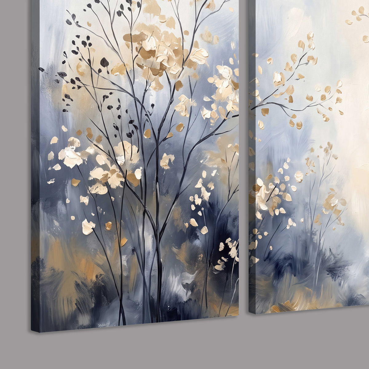 Delicate pale gold-colored branches against a deep blue misty background 3 piece canvas wall art room and product view