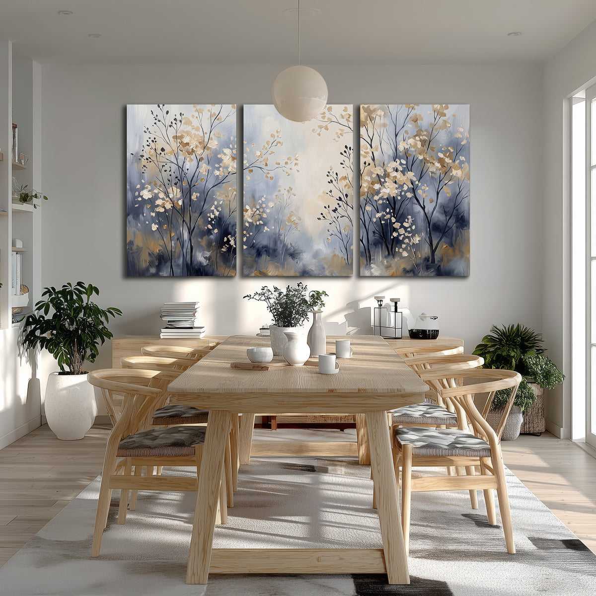 Delicate pale gold-colored branches against a deep blue misty background 3 piece canvas wall art room and product view
