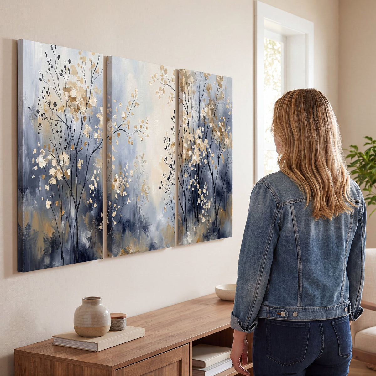 Delicate pale gold-colored branches against a deep blue misty background 3 piece canvas wall art three panel arrangement on a wall