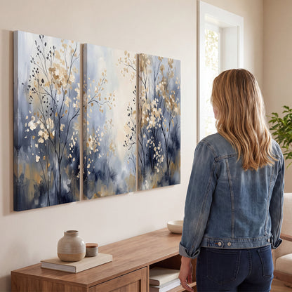 Delicate pale gold-colored branches against a deep blue misty background 3 piece canvas wall art three panel arrangement on a wall