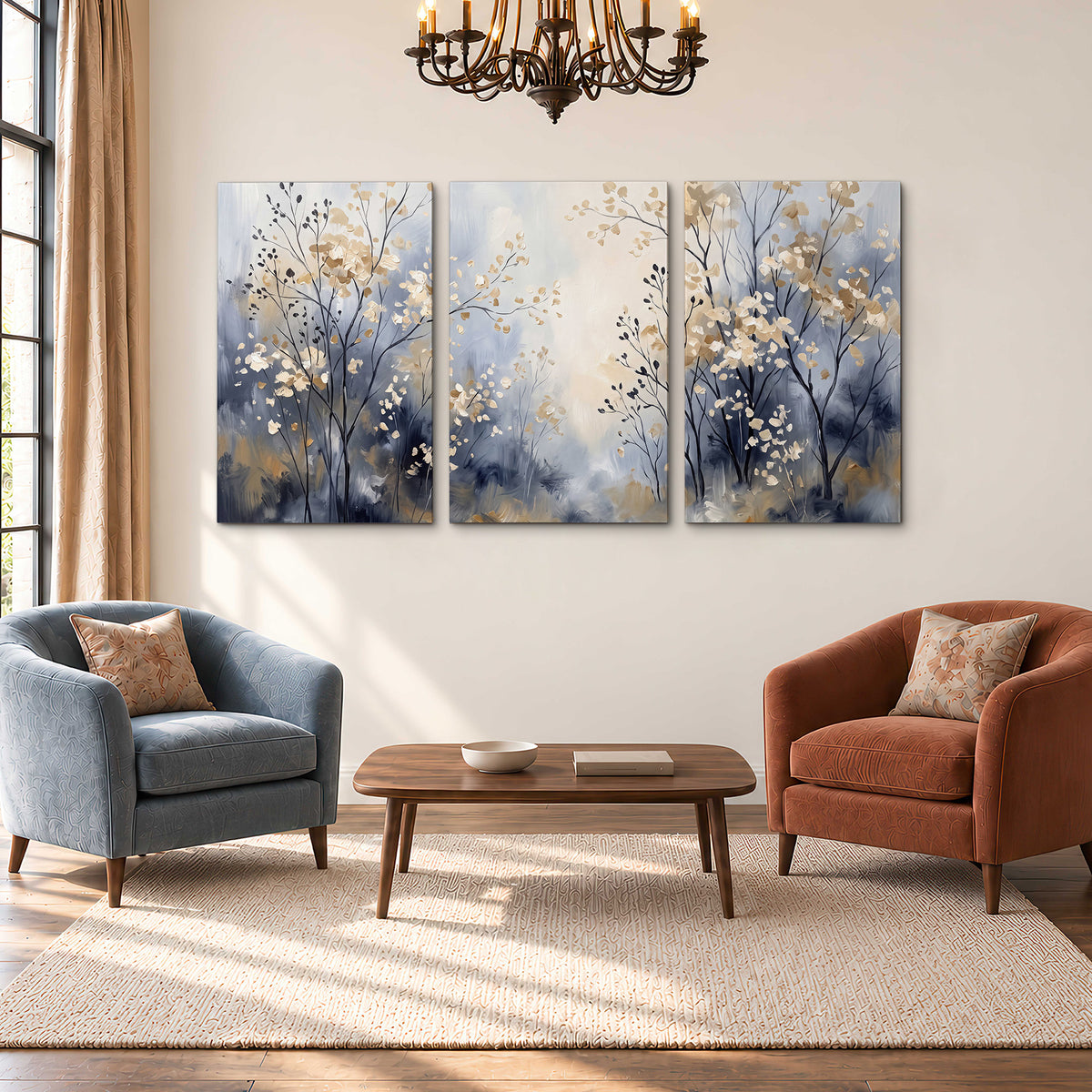 Delicate pale gold-colored branches against a deep blue misty background 3 piece canvas wall art styled in an interior