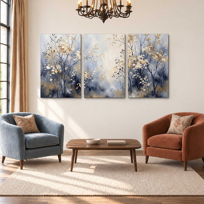 Delicate pale gold-colored branches against a deep blue misty background 3 piece canvas wall art styled in an interior