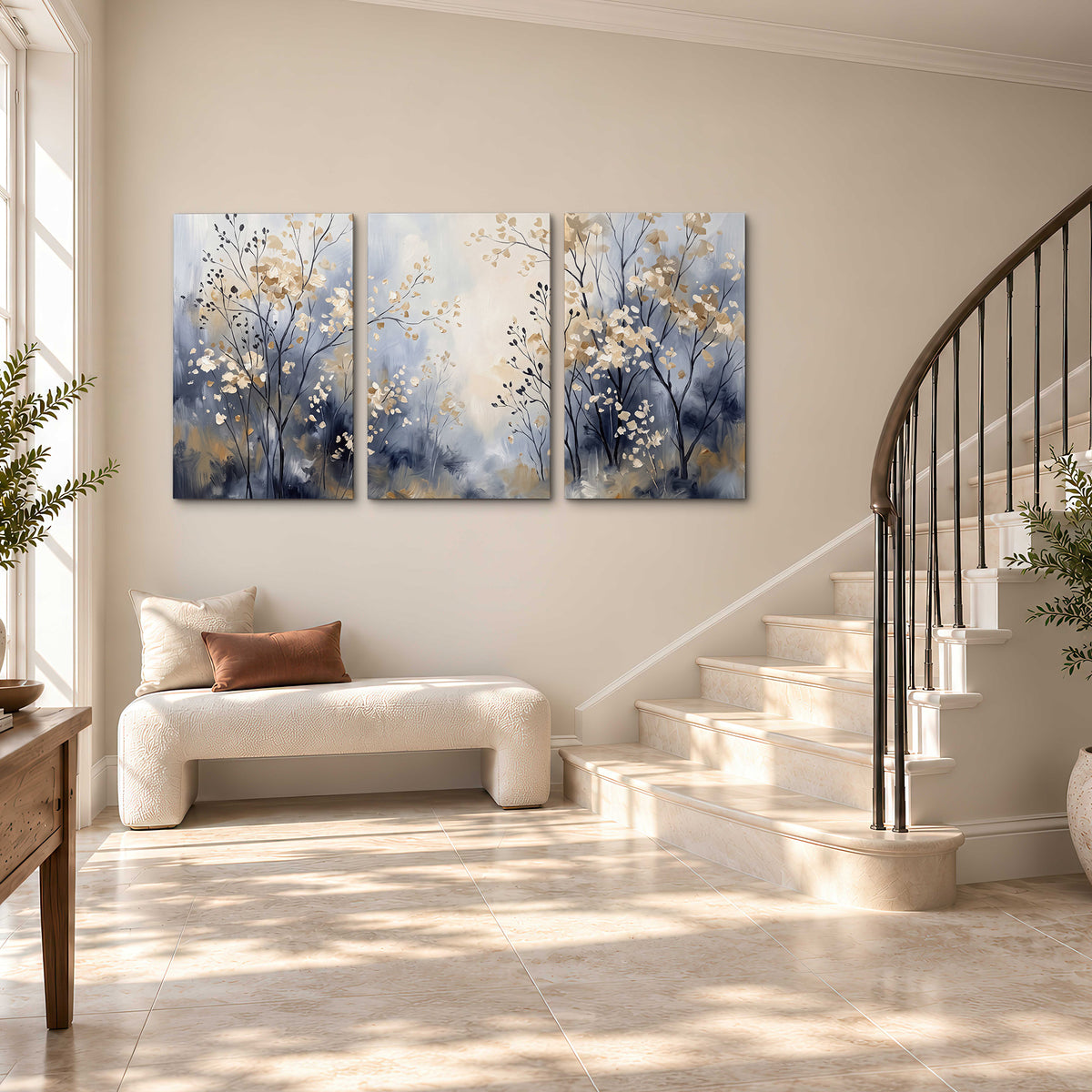 Delicate pale gold-colored branches against a deep blue misty background 3 piece canvas wall art styled in an interior
