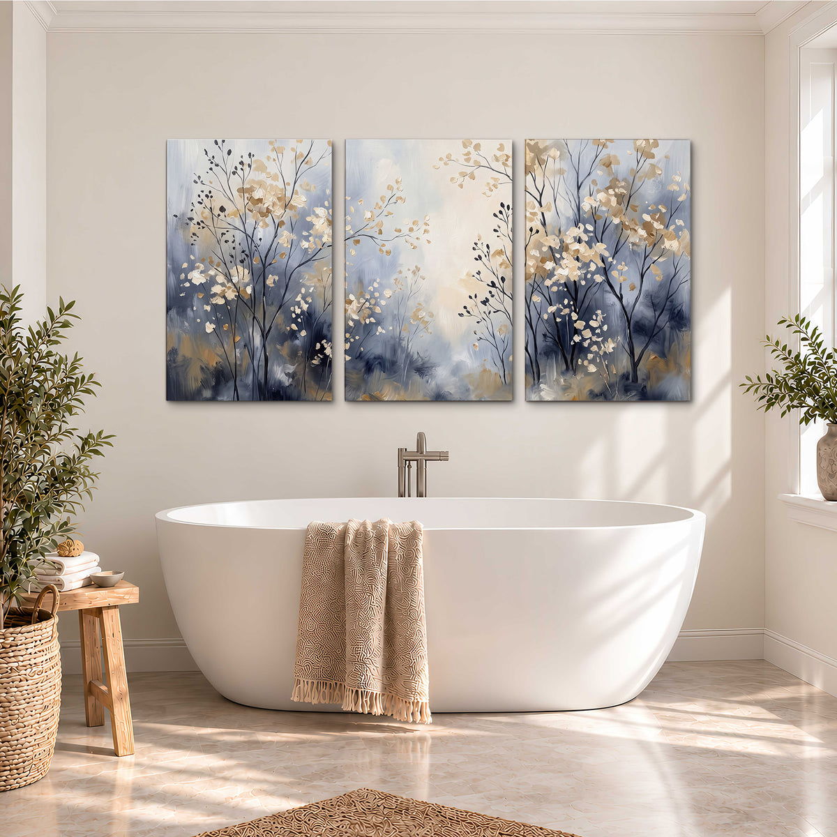 Delicate pale gold-colored branches against a deep blue misty background 3 piece canvas wall art styled in an interior