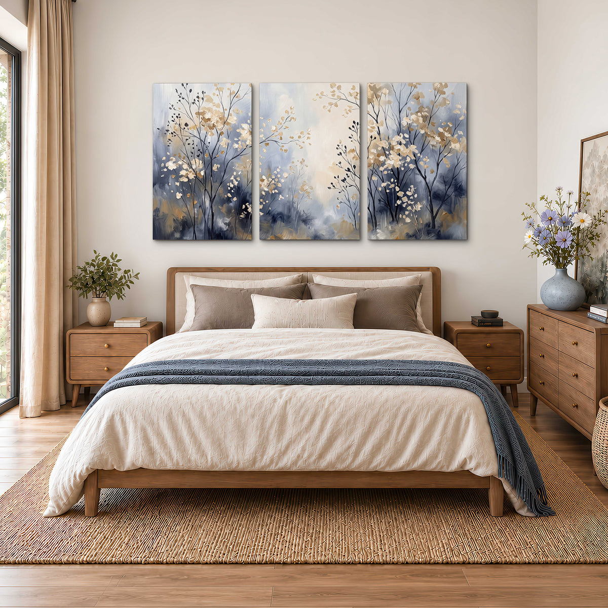 Delicate pale gold-colored branches against a deep blue misty background 3 piece canvas wall art styled in an interior