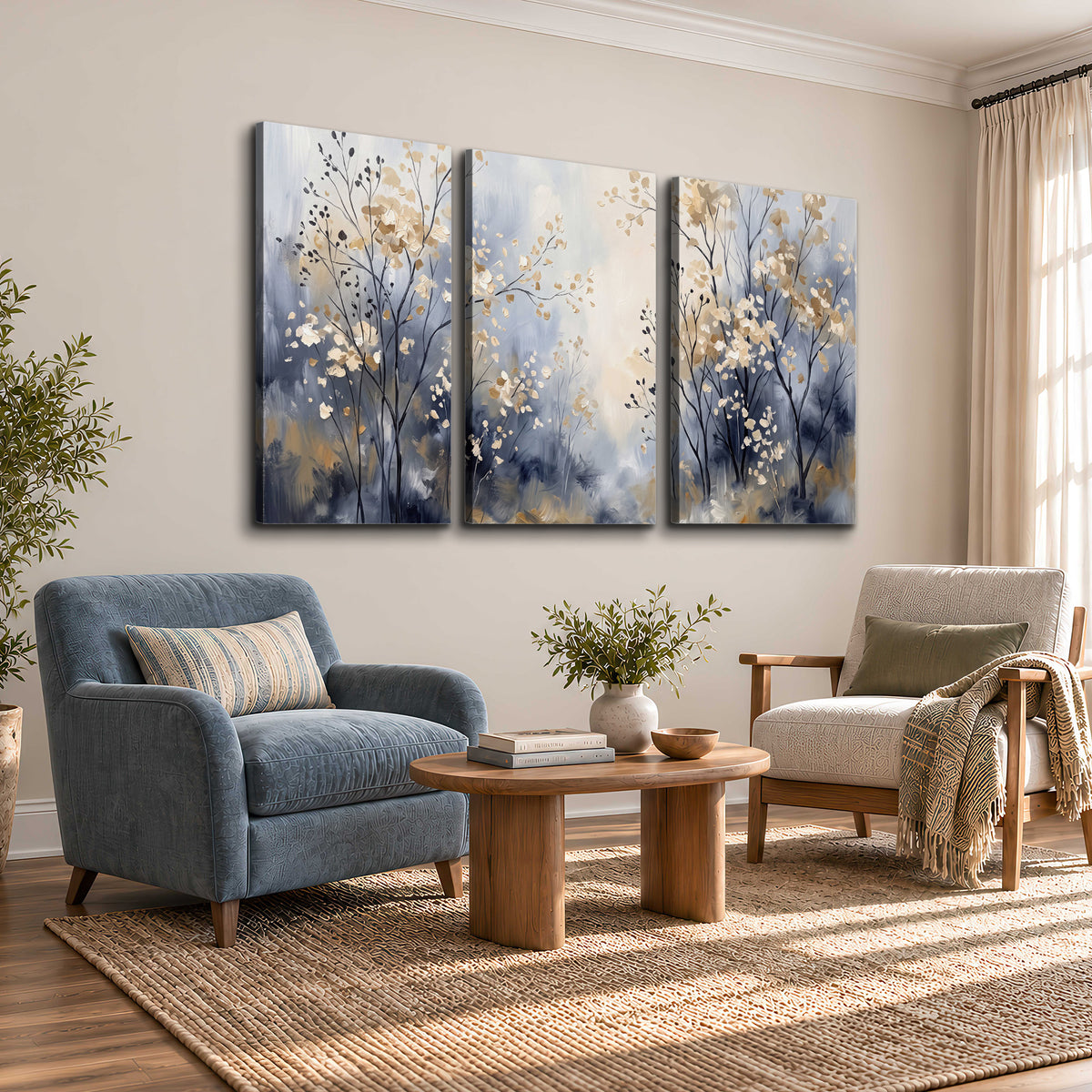 Delicate pale gold-colored branches against a deep blue misty background 3 piece canvas wall art styled in an interior