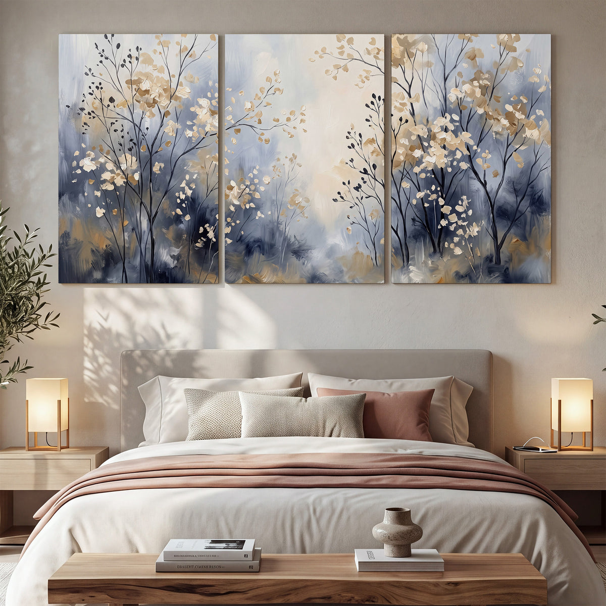 Delicate pale gold-colored branches against a deep blue misty background 3 piece canvas wall art displayed in a bedroom